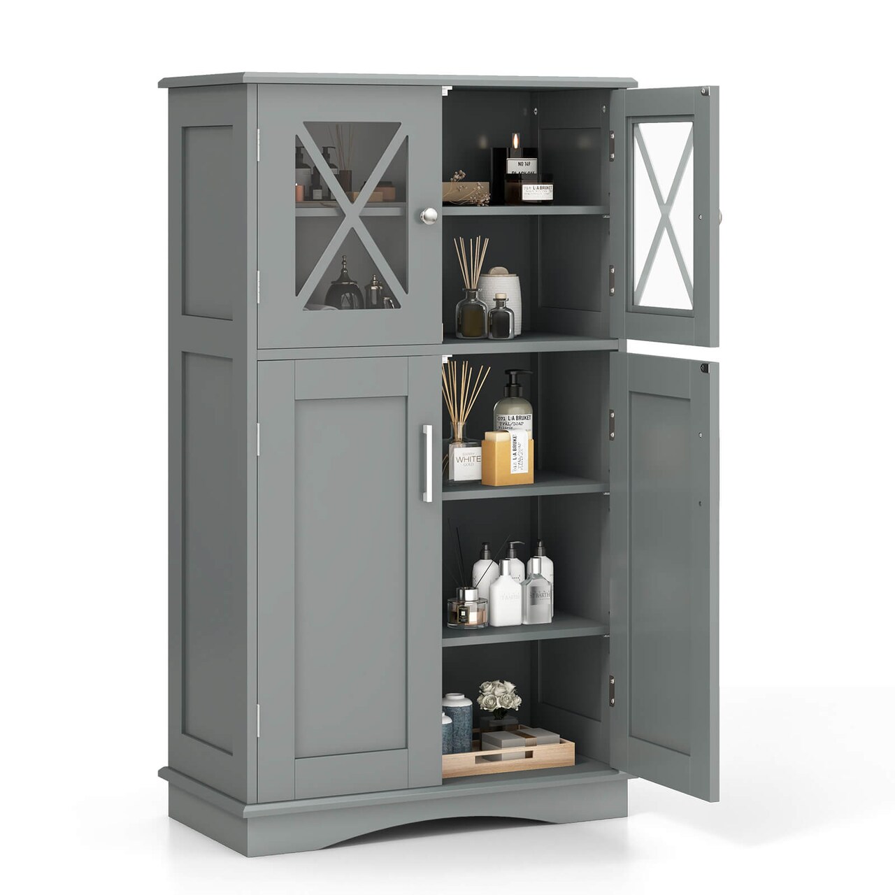 Costway Bathroom Storage Cabinet Linen Storage Cabinet with Doors and Adjustable Shelves Black/Grey/Brown/White